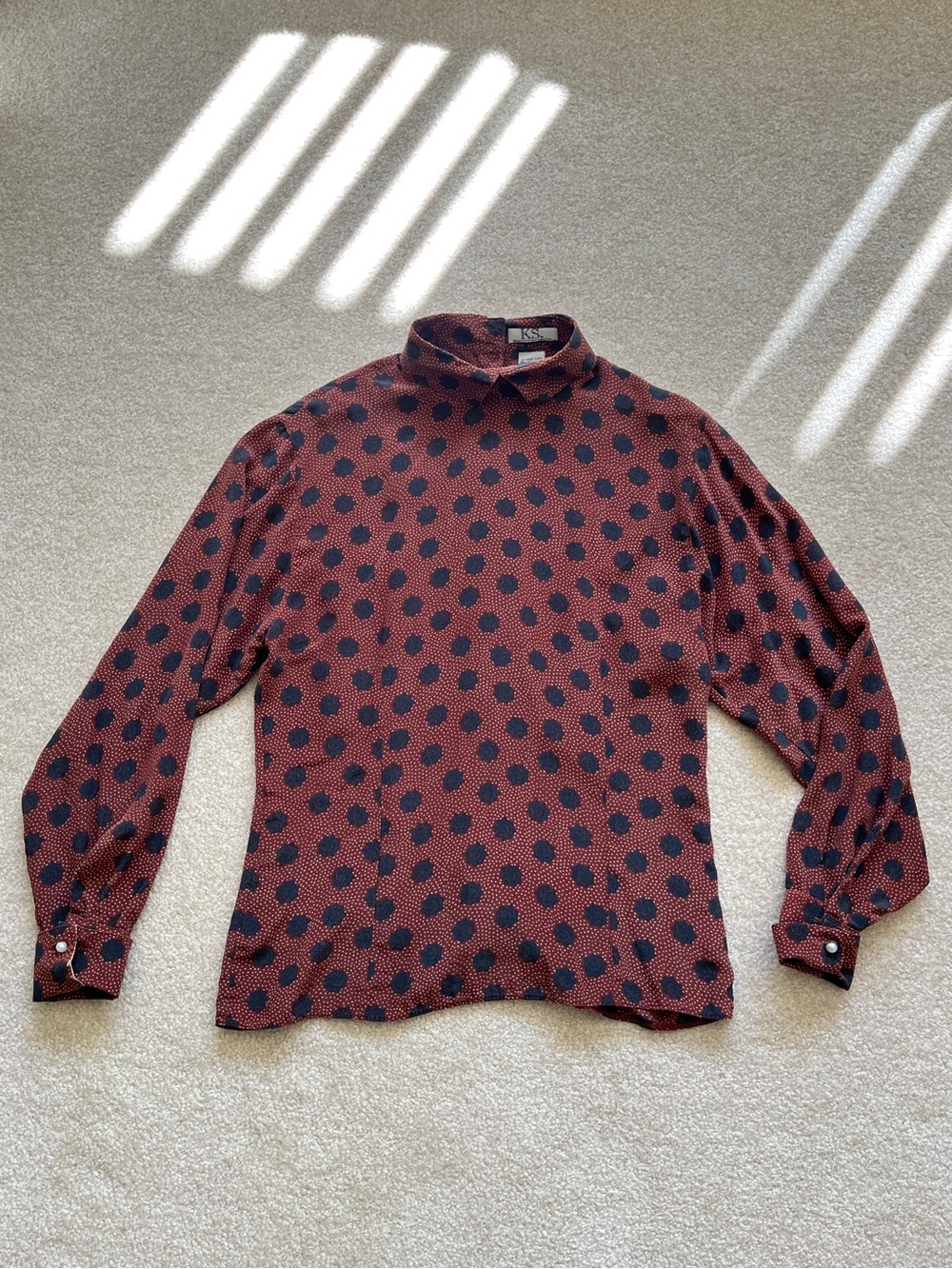 Vintage KS Klaus Steilmann, 100% Silk Blouse, Brown Polka Dot Rose Floral, 6